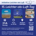 Info-Plakat zum 15. Leichter-als-Luft-Tag. Datum: 21. Juni, Sonntag, von 10 bis ca. 15 Uhr in Stuttgart-Vaihingen. Themen: Vorträge und Demonstrationen zu Luftschiffen, Ballonen und Rettungslogistik. Kostenlose Informationen und Tickets verfügbar. Grafiken von Luftschiffen und Drohnen sind enthalten.