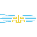 Logo mit stilisierten Flügeln in blau und gelb, das eine Fluggesellschaft repräsentiert. Der Schriftzug in der Mitte zeigt die Buchstaben "ALA". Die Flügel wirken dynamisch und symbolisieren Bewegung oder Flug.