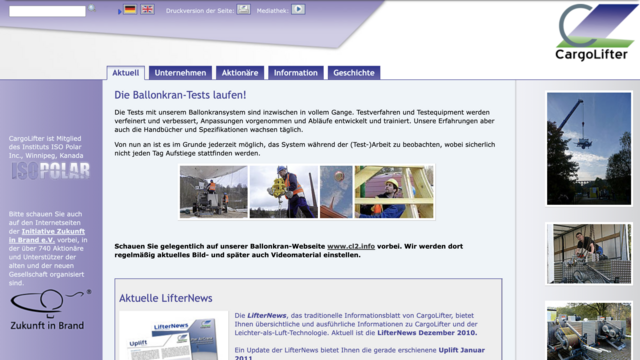 Die Webseite von CargoLifter präsentiert Informationen über Ballonkran-Tests. Es gibt Links zu aktuellen News und einem Überblick über die Unternehmensgeschichte. Auf der Seite sind auch Bilder und Videos zu finden.