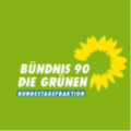 Logo der Bundestagsfraktion von Bündnis 90/Die Grünen auf grünem Hintergrund, mit einer Sonnenblume und dem Schriftzug "BÜNDNIS 90 DIE GRÜNEN BUNDESFRaktion".