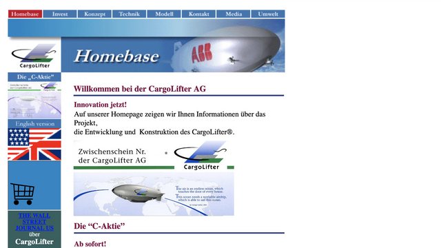 Eine Website-Startseite der CargoLifter AG. Sie enthält Begrüßungstext, Informationen über das Projekt und eine Navigation zu weiteren Themen wie Investitionen, Technik und Kontakt. Ein Luftschiff ist grafisch dargestellt, sowie weitere Links und Informationen über die "C-Aktie".