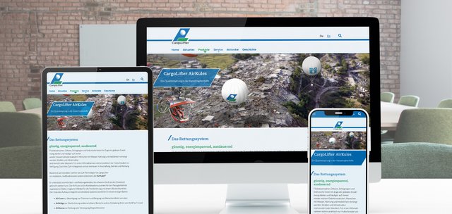 Three devices – a computer, a tablet and a smartphone – display the same website, which features a modern design. The site contains information about services and is optimised for different screen sizes.