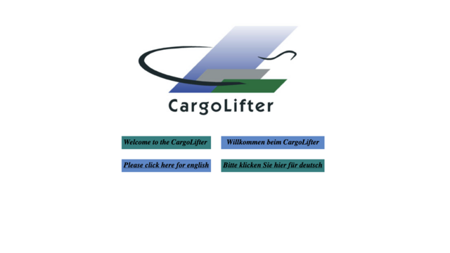 Eine Webseite mit dem Logo von CargoLifter. Darunter steht "Welcome to the CargoLifter", "Willkommen bei CargoLifter", und ein Link für die englische sowie eine für die deutsche Sprache.