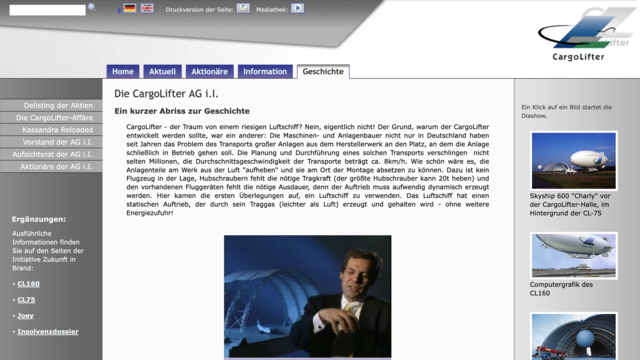 A screenshot of the website titled ‘CargoLifter AG i. l.’. In the centre is an interview video with Dr. von Gablenz. Links to information and products are listed on the right.